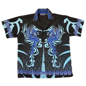 Silver Point Mens Blue Dragon Tribal Flame Shirt Y2K Cyber Button Up M‎ Punk